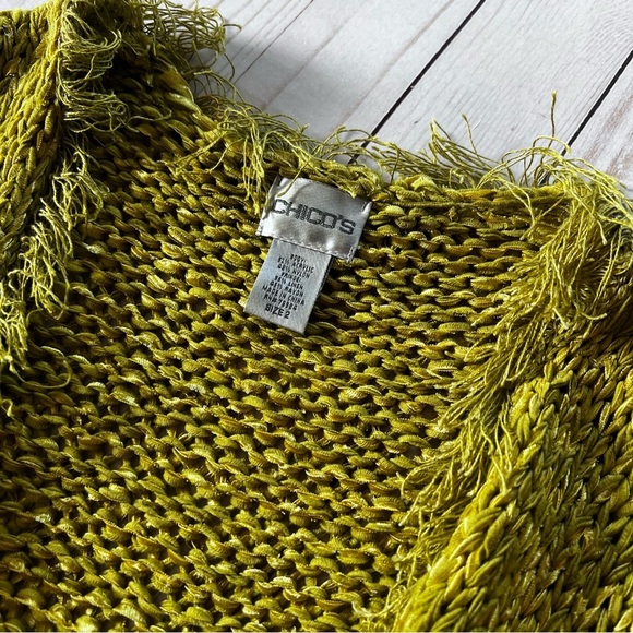 Vintage Chicos Linen Blend Chartreuse Lagonlook Cardigan Fringe size Large - Picture 9 of 13